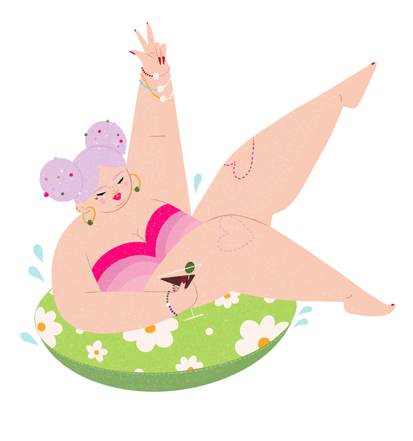  An illustration of a joyful fat woman with purple hair styled in buns, lounging on a green inflatable pool ring. She is wearing a pink striped swimsuit and has colorful bracelets and earrings. The woman is raising one leg and arm in a playful pose, holding a cocktail glass, and surrounded by a few splashes of water, indicating movement. The background features a simplistic floral pattern, giving off a vibe of summer fun and relaxation.