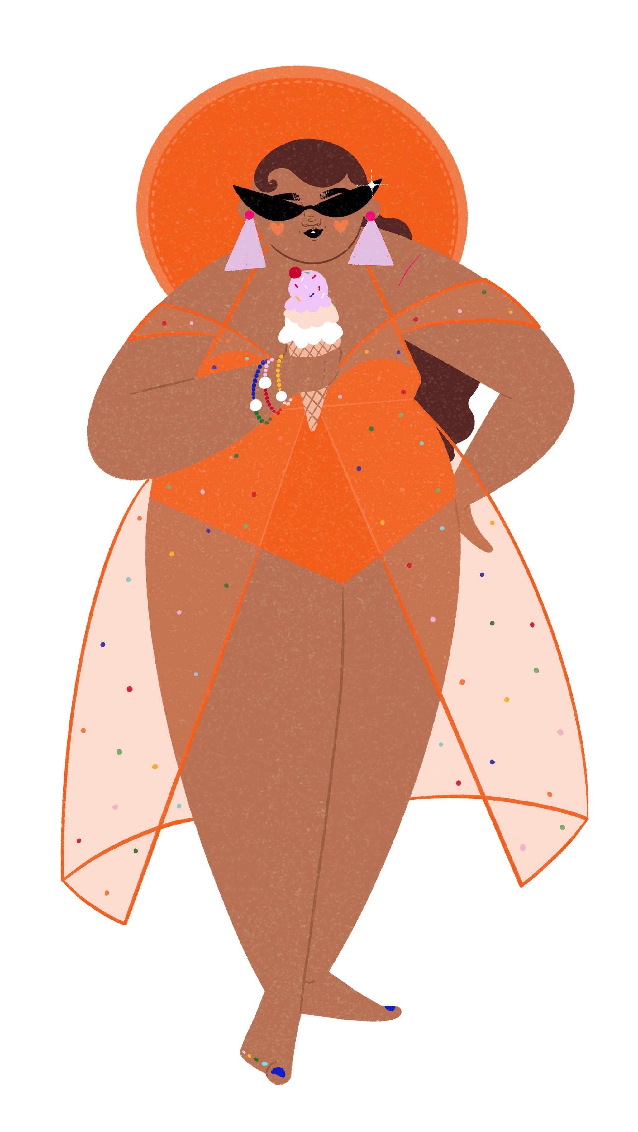 Stylized illustration of a confident plus-sized woman of color in a vibrant orange dress and wide-brimmed hat, wearing chic sunglasses, dangling earrings, and sporting a playful manicure. She holds a dripping ice cream cone, adding a whimsical touch to her fashionable ensemble set against a dark background.