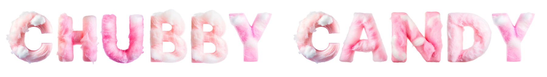  The image displays the stylized text "CHUBBY CANDY" with each letter individually rendered in a fluffy, cotton candy-like texture in shades of pink and white. The text has a soft, airy appearance and is set against a transparent background, creating an effect reminiscent of actual cotton candy, evoking a sweet and playful brand identity.